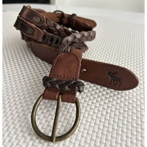 Abercrombie‎ & Fitch Leather Braided Belt M Moose Logo Vintage Brown Unisex